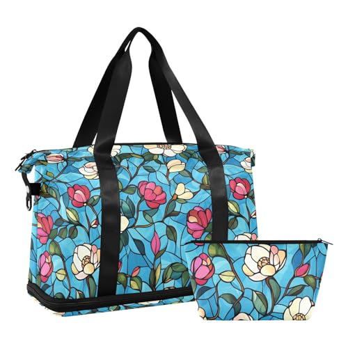 Buntglas blühende Rose Blume Persönliche Gegenstände Reisetasche Handgepäck Wochenende Tote Turnbeutel mit verstellbarem Riemen für Yoga Multifunktional, Buntglas blühende Rose, 1 size von Yoogain