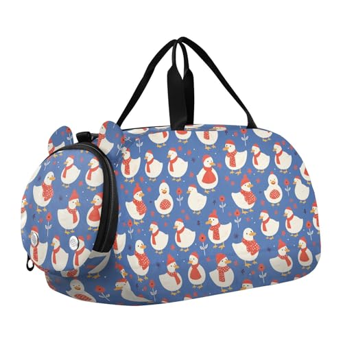 Cartoon Weiße süße Ente Marineblau Kleine Turnbeutel mit Schuhfach Multifunktionale Sport Übernachtung Reisetasche für Jungen und Mädchen von Yoogain