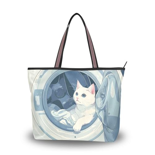 Damen-Tragetasche aus Seidenstoff, mit Reißverschluss, trendige Handtasche für Alltag und Reisen (eine weiße Katze mit der Waschmaschine), Größe L von Yoogain