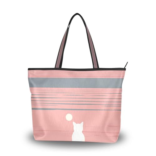 Damen-Tragetaschen aus Seidenstoff mit Reißverschluss, wiederverwendbare Geldbörsen und Handtaschen für Alltag und Reisen (Cartoon-Katze und Sonnenuntergang), Größe L von Yoogain