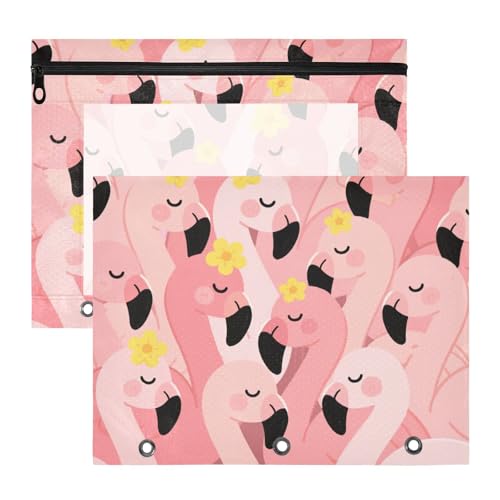 Federmäppchen mit 3 Ringen, für A4-Papier, Briefe, 2 Stück, für Lehrer, Schule, Studenten, Lehrerbedarf, niedlicher Cartoon-Flamingo, Rosa von Yoogain