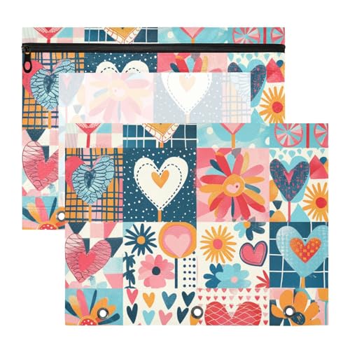 Federmäppchen mit Reißverschluss, Stifthalter für A4-Papier, Briefe, 2 Stück, Studenten, Büro, bunte Patchwork-Herzen von Yoogain