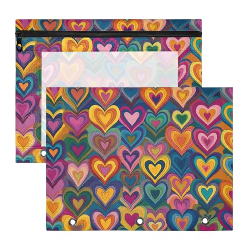 Federmäppchen mit glatten Reißverschlüssen, 3-Loch-Tasche für A4-Papier, Briefe, 2 Stück, Studenten, Klasse, Retro, bunte Herzen, gestreift von Yoogain