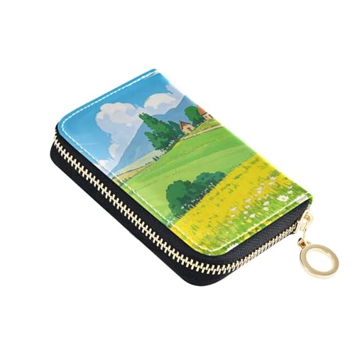 Gelbes Gänseblümchen Fairytale Town Leder-Kartenetui für Damen mit 2 Geldfächern, RFID-blockierend, mit Reißverschluss von Yoogain
