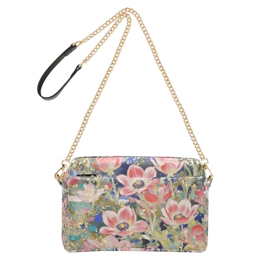 Goldene chinesische Blumen Pfirsich-Umhängetasche für Damen, veganes Leder, Umhängetasche, Reißverschluss, Schultertasche von Yoogain