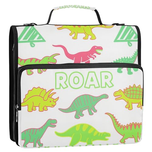 Handdraw Line T-rex Ankylosaurus Ringbuch mit 3 Ringen, Reißverschluss mit Schultergurt, mehrere Taschen, Portfolio-Organizer für Schule/Büro, 3,8 cm, fluoreszierendes Grün von Yoogain