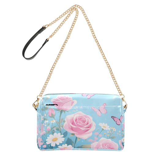 Kleine Umhängetasche für Damen, Motiv: rosa Rosen und Schmetterlinge, veganes Leder, Umhängetasche, Reißverschluss, Schulterhandtaschen von Yoogain