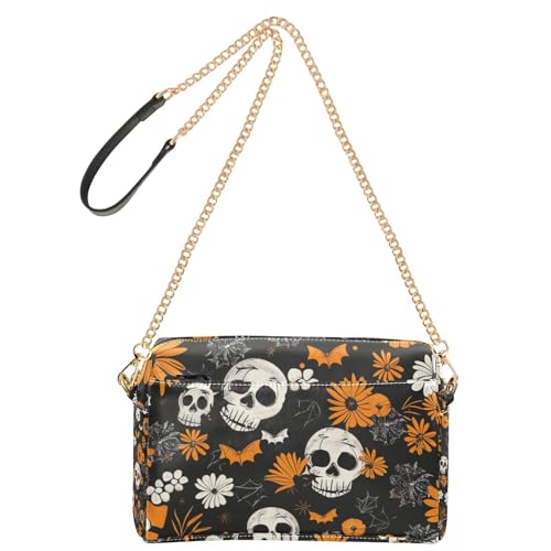 Kleine Umhängetasche mit Blumen und Halloween-Elementen, veganes Leder, Umhängetasche, Reißverschluss, Schultertasche für Damen von Yoogain