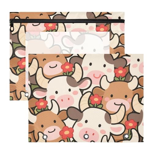 Kosmetiktasche, transparente Aufbewahrungstasche für A4-Papier, Briefe, 2 Stück, Studenten, Klasse, niedliche Cartoon-Kuh und Blume von Yoogain