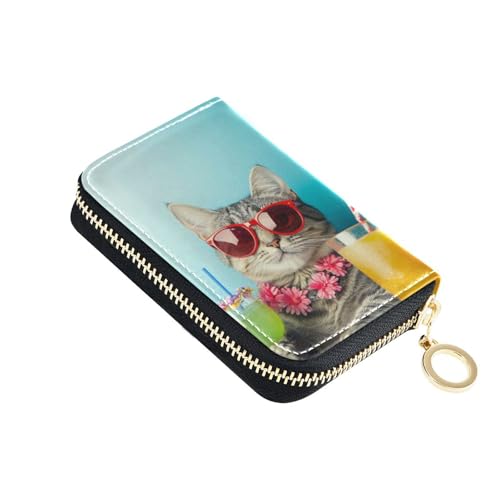 Kreditkartenetui aus Leder mit Sommermotiv, coole Katze mit Sonnenbrille, Kreditkartenetui mit 2 Geldfächern, RFID-blockierendem Kreditkartenetui für Damen, mit Reißverschluss von Yoogain