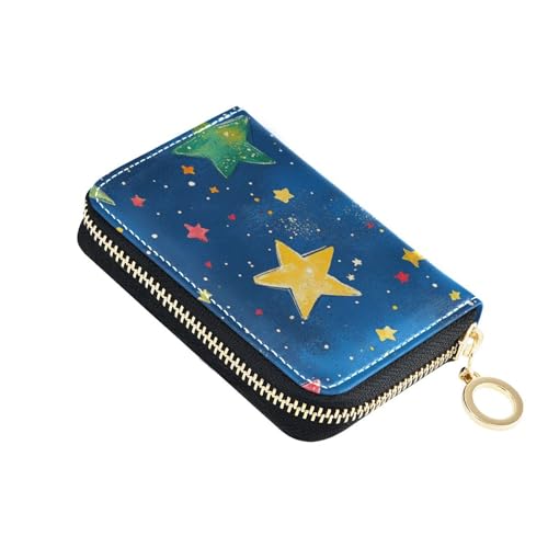 Ledergeldbörse mit Ölgemälde und Sternen, mit RFID-blockierendem Kartenhalter mit Reißverschluss, Blau von Yoogain