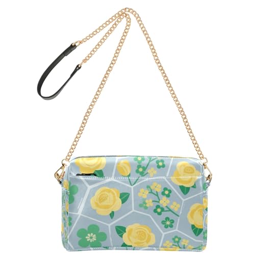 Modische Umhängetasche mit gelben Rosen und grünen Blättern, veganes Leder, Umhängetasche, Reißverschluss, Damen-Schulterhandtaschen von Yoogain