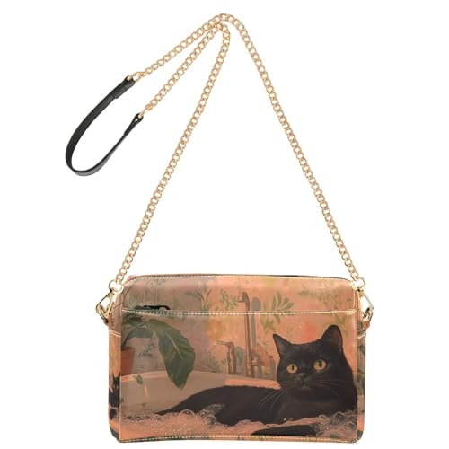 Schwarze Katzen-Umhängetasche, kleine Tasche für Damen, veganes Leder, Umhängetasche, Reißverschluss, Schultertaschen von Yoogain