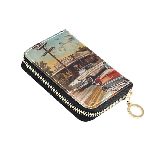 Tankstelle Retro Stil Auto Leder Kartenetui Geldbörse Damen mit Cion Geldbörse RFID blockierendes Kreditkartenbuch mit Reißverschluss von Yoogain