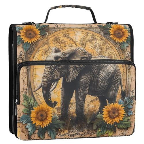 Vintage Boho Elefant Sonnenblumen 3 Ringe Reißverschluss Ordner mit Griff und abnehmbarem Schultergurt einfach zu tragen Portfolios Portfolio-Organizer für die Schule von Yoogain