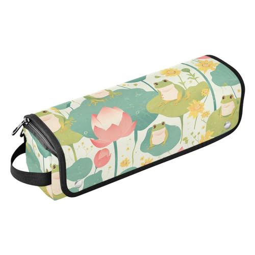 Yoogain 2-in-1 Lockenstab Reiseetui mit abnehmbarer hitzebeständiger Matte, wasserdicht, Reise-Organizer für Lockenstab Glätteisen, flacher Haartrockner, frischer Frühling, niedliche Frösche, Blumen von Yoogain