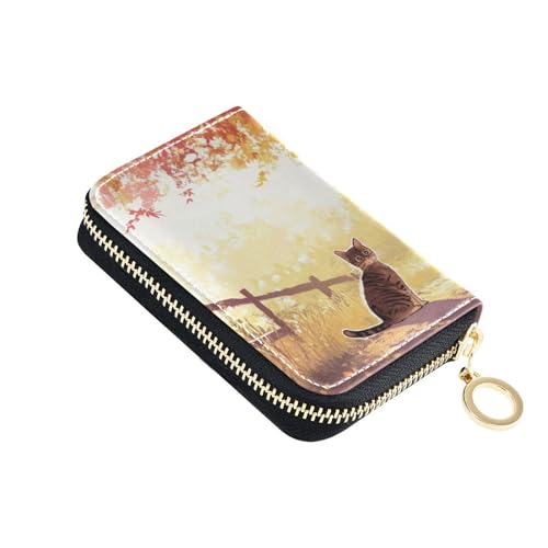 Yoogain Autumn Tree Kartenetui mit goldfarbenen Blättern, schwarze Katze, Leder, mit Zion-Geldbörse, RFID-blockierend, Kartenhalter mit Reißverschluss von Yoogain
