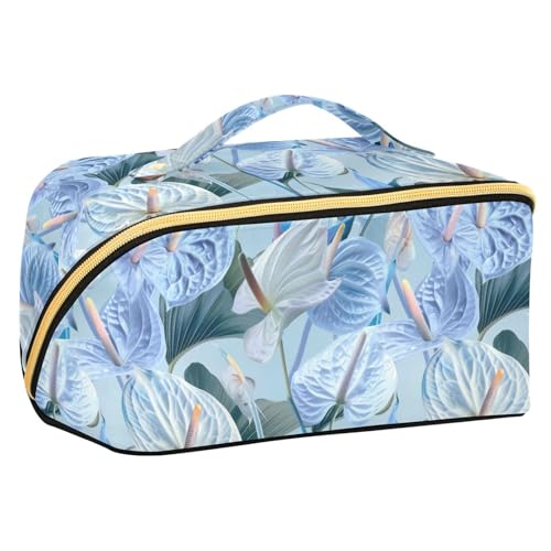 Yoogain Blue Anthuriums Make-up-Tasche mit Trennwänden, tragbare Kosmetiktasche für Damen, mit Fächern und Griff von Yoogain