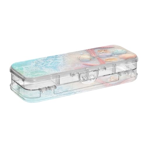 Yoogain Blue Beach Seestern Muscheln transparente Stiftebox Doppelstöckige Stifte-Aufbewahrungsbox für Schreibwaren mit Schnappverschluss Yoogain Blue Beach Seestern Muscheln transparente Stiftebox Doppelstöckige Stifte-Aufbewahrungsbox für Schreibwaren mit Schnappverschluss von Yoogain