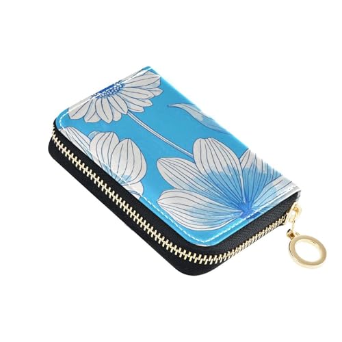 Yoogain Blue Line Flower Art Geldbörse für Damen, Leder, mit 2 Geldfächern, RFID-blockierend, kleiner Kartenhalter mit Reißverschluss von Yoogain
