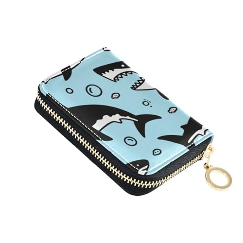Yoogain Blue Ocean Shark Fish Cute Leder Kreditkartenetui für Damen mit 9 Kartenfächern, RFID-blockierender Kreditkartenschutz mit Reißverschluss von Yoogain