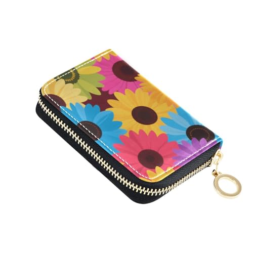 Yoogain Bunte Cartoon-Sonnenblumen-Geldbörse aus Leder mit 2 Geldfächern, RFID-blockierendem Kreditkartenetui mit Reißverschluss von Yoogain