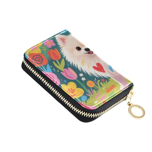 Yoogain Bunte Graffiti-Pomeranian Dog Flower Leder Kartenetui Damen mit 9 Kartenschlitzen, RFID-blockierender Kartenhalter mit Reißverschluss von Yoogain