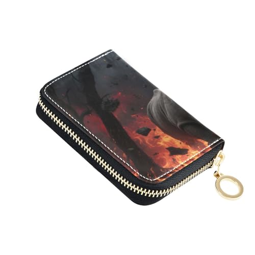 Yoogain Burning Safari Nashorn, schwarzes Leder-Kartenetui für Damen, mit RFID-blockierendem Kartenhalter mit Reißverschluss von Yoogain