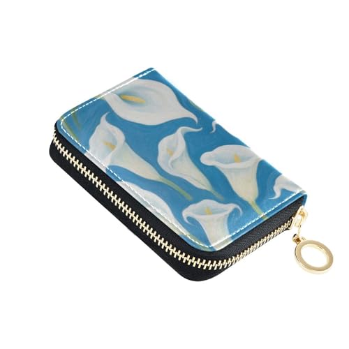 Yoogain Calla-Lilien-Leder-Kartenetui für Damen, mit 2 Geldfächern, RFID-blockierend, Kreditkartenetui mit Reißverschluss, Weiß und Blau von Yoogain