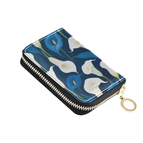 Yoogain Calla Lilies Geldbörse aus Leder mit 9 Kartenfächern, RFID-blockierendem Kreditkartenetui mit Reißverschluss, Weiß und Blau von Yoogain