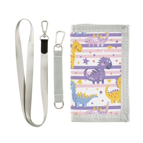 Yoogain Cartoon-Geldbörse mit süßem Dinosaurier-Motiv, hellviolette Streifen, Geldklammer für Reisen, einzigartige Faltbörse mit Umhängeband, Cartoon-Dinosaurier, hellviolette Streifen, 1 size von Yoogain