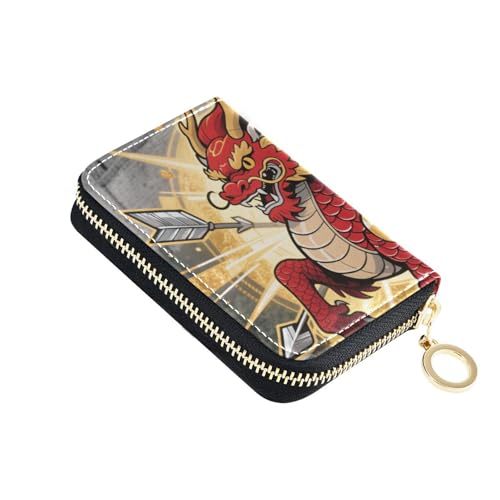 Yoogain Chinesischer Stil rote Löwen Cartoon Leder Kartenetui Damen mit Cion Geldbörse RFID-blockierend, kleines Kreditkartenetui mit Reißverschluss von Yoogain