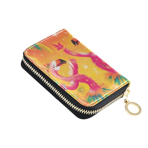 Yoogain Dancing Flamingos Orange Summer Leder-Kreditkarten-Geldbörse für Herren mit 2 Geldfächern, RFID-blockierender Kreditkartenschutz mit Reißverschluss von Yoogain