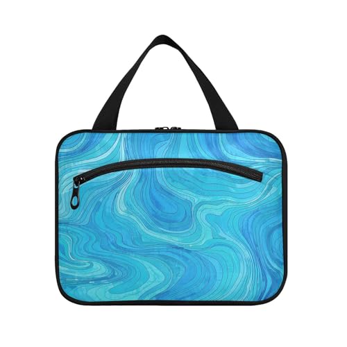 Yoogain Fashion Abstract Line Art Blue Wave Hanging Travel Makeup Organizer with Hook, Designer Chic Bags with Zipper for Women Travel Travel Bolso Viajero Para Mujer L, Modische, abstrakte von Yoogain