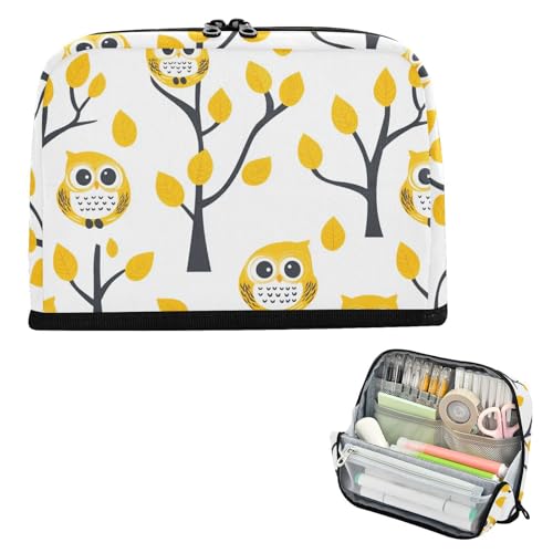 Yoogain Federmäppchen, große Kapazität, Make-up-Tasche, tragbare Schreibwaren-Aufbewahrung für Lehrer, Kosmetik, Cartoon-Eule, gelbes Blattbaum von Yoogain