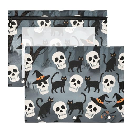 Yoogain Federmäppchen mit 3 verstärkten Ösen, 3-Loch-Tasche für A4-Papier, Briefe, 2 Stück, Studenten, Klasse, Halloween, Totenkopf, schwarze Katze von Yoogain
