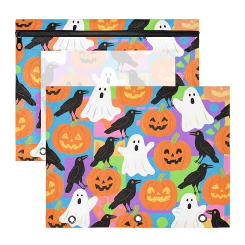 Yoogain Federmäppchen mit glatten Reißverschlüssen, Stifthalter für A4-Papier, Briefe, 2 Stück, Studenten, College, Halloween, Cartoon, Krähen und Kürbis, buntes Karomuster von Yoogain