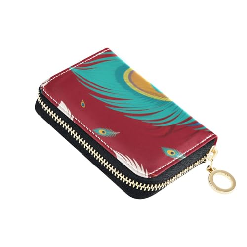 Yoogain Geldbörse mit Pfauenfedern, Leder, Kartenetui für Damen, mit RFID-blockierendem Kreditkartenetui mit Reißverschluss, Rot und Grün von Yoogain