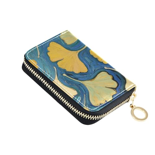 Yoogain Gingko Kreditkartenetui aus Leder, mit RFID-blockierendem Kreditkartenetui mit Reißverschluss, Blattmuster, Blau von Yoogain
