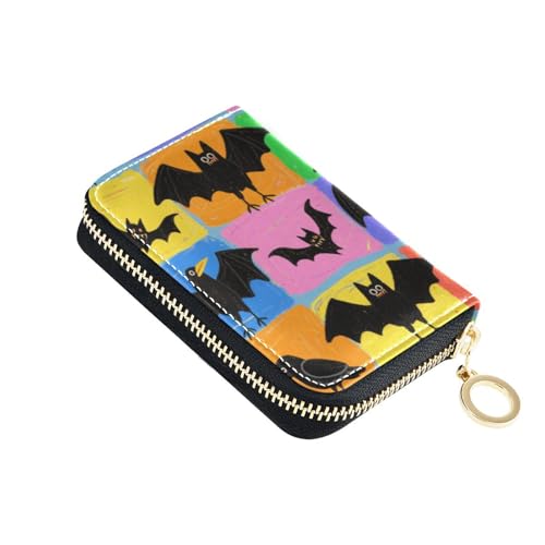 Yoogain Halloween-Cartoon-Krähen und Fledermäuse, buntes kariertes Leder, Kartenhalter für Damen, mit 9 Kartenfächern, RFID-blockierend, Damen-Kartenhalter mit Reißverschluss von Yoogain