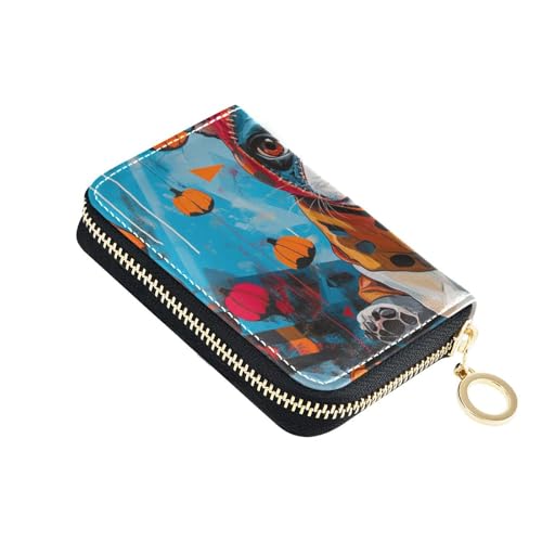 Yoogain Halloween-Welpe Memphis Art Style Leder Kartenetui mit 9 Kartenfächern, RFID-blockierend, Kreditkartenetui für Damen mit Reißverschluss von Yoogain