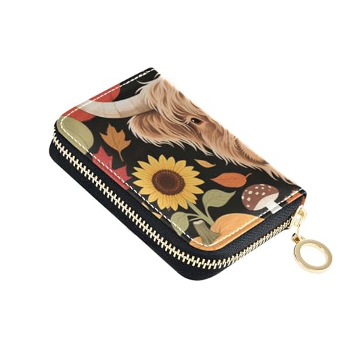 Yoogain Hello Fall Herbst Kuh Kürbis Ahorn Leder kleine Kartenetui mit 9 Kartenfächern RFID blockierender Kartenhalter Herren mit Reißverschluss von Yoogain