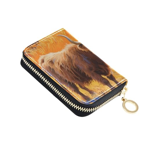 Yoogain Hello Fall Herbst Kuh Kürbis Weizenfeld Leder Kartenetui Brieftasche mit 2 Geldfächern RFID-blockierende Herren Karten- und Ausweishüllen mit Reißverschluss von Yoogain