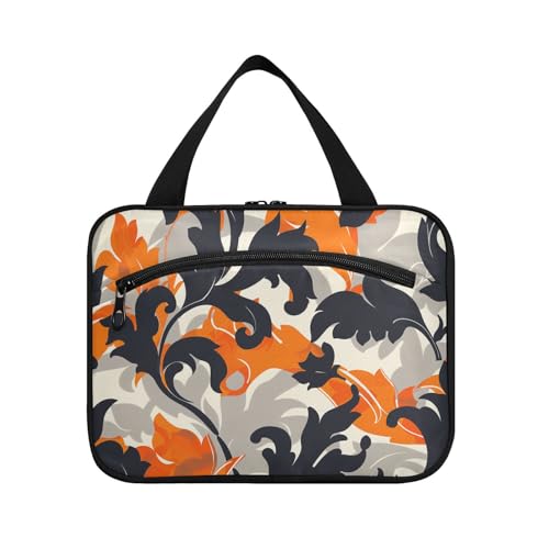 Yoogain Herren-Kulturbeutel mit Haken, modisches Blattmuster, Orange / Schwarz, Designerutensilien, Make-up-Tasche für Reisen, Urlaub, Estuche Para Guardar Maquillaje L, Modisches Blattmuster, Orange von Yoogain