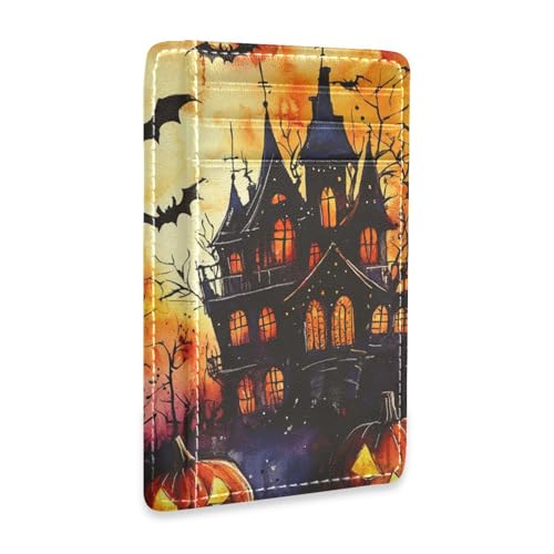 Yoogain Horror Halloween Pumpkin Black Spooky House Leder Slim Kreditkartenetui mit ID-Fenster RFID-blockierend, kleines Kreditkartenetui für Damen und Herren von Yoogain