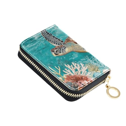 Yoogain Kartenetui aus Leder mit 9 Kartenfächern, RFID-blockierend, Retro-Korallen, Meeresschildkröte, mit Reißverschluss von Yoogain