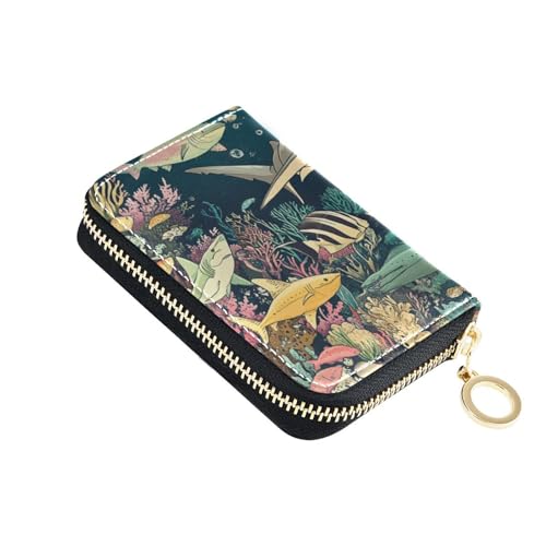 Yoogain Kartenetui aus Leder mit Fisch-Illustration, für Damen, mit RFID-blockierendem Kreditkartenetui mit Reißverschluss von Yoogain