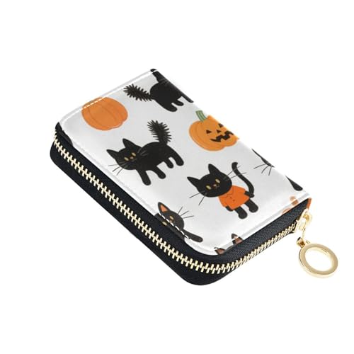 Yoogain Kartenetui aus Leder mit Halloween-Cartoon-Cartoon-Motiv, schwarze Katzen, Kürbisse, mit 2 Geldfächern, RFID-Blockierkartenhalter mit Reißverschluss von Yoogain