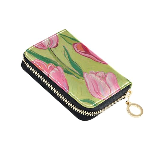 Yoogain Kartenetui aus Leder mit rosa Tulpen, Ölgemälde, mit 9 Kartenfächern, RFID-blockierend, Kreditkarten-Organizer mit Reißverschluss von Yoogain