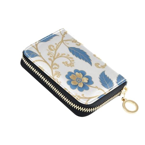 Yoogain Kartenetui für Damen, Leder, mit RFID-blockierendem Kreditkartenetui mit Reißverschluss, Blau und goldfarben mit Blumenblättern von Yoogain
